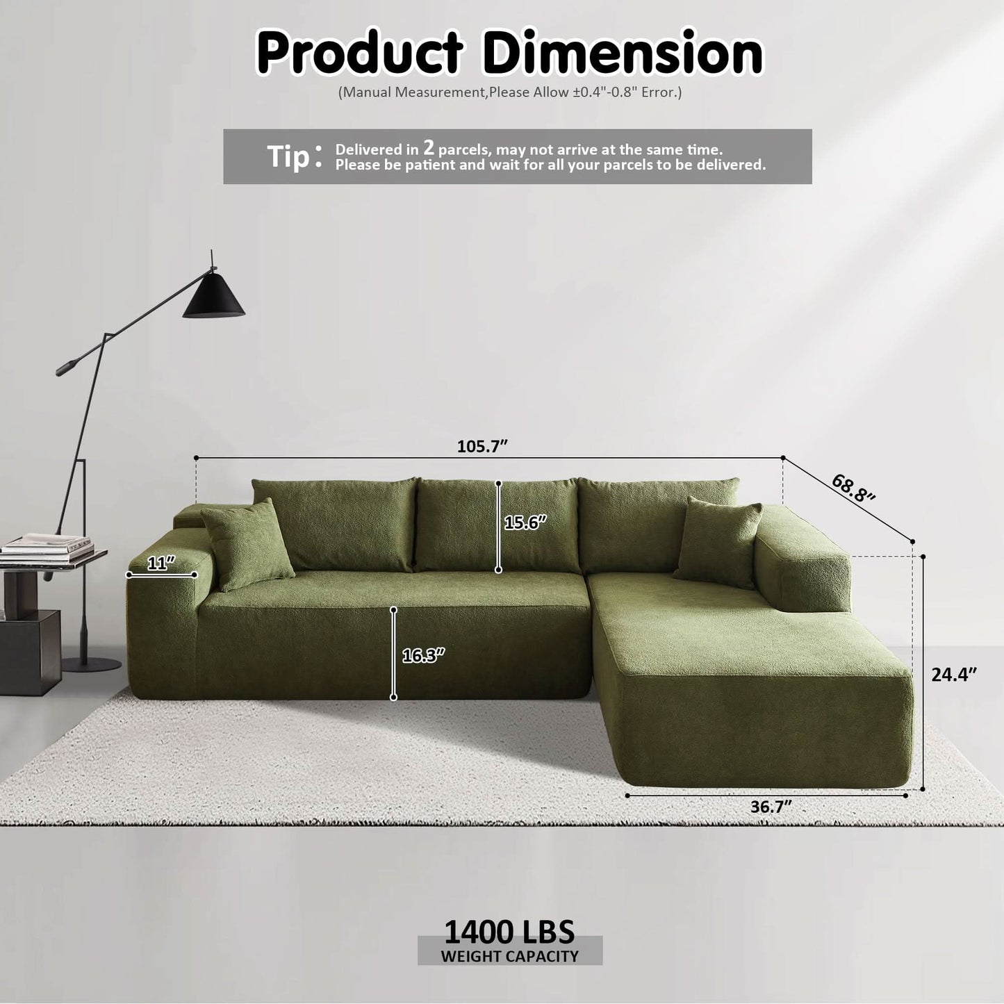 OVIOS 104" L-Shape Modular Couch with Chaise, Plush Corduroy Fabric, No Assembly Required