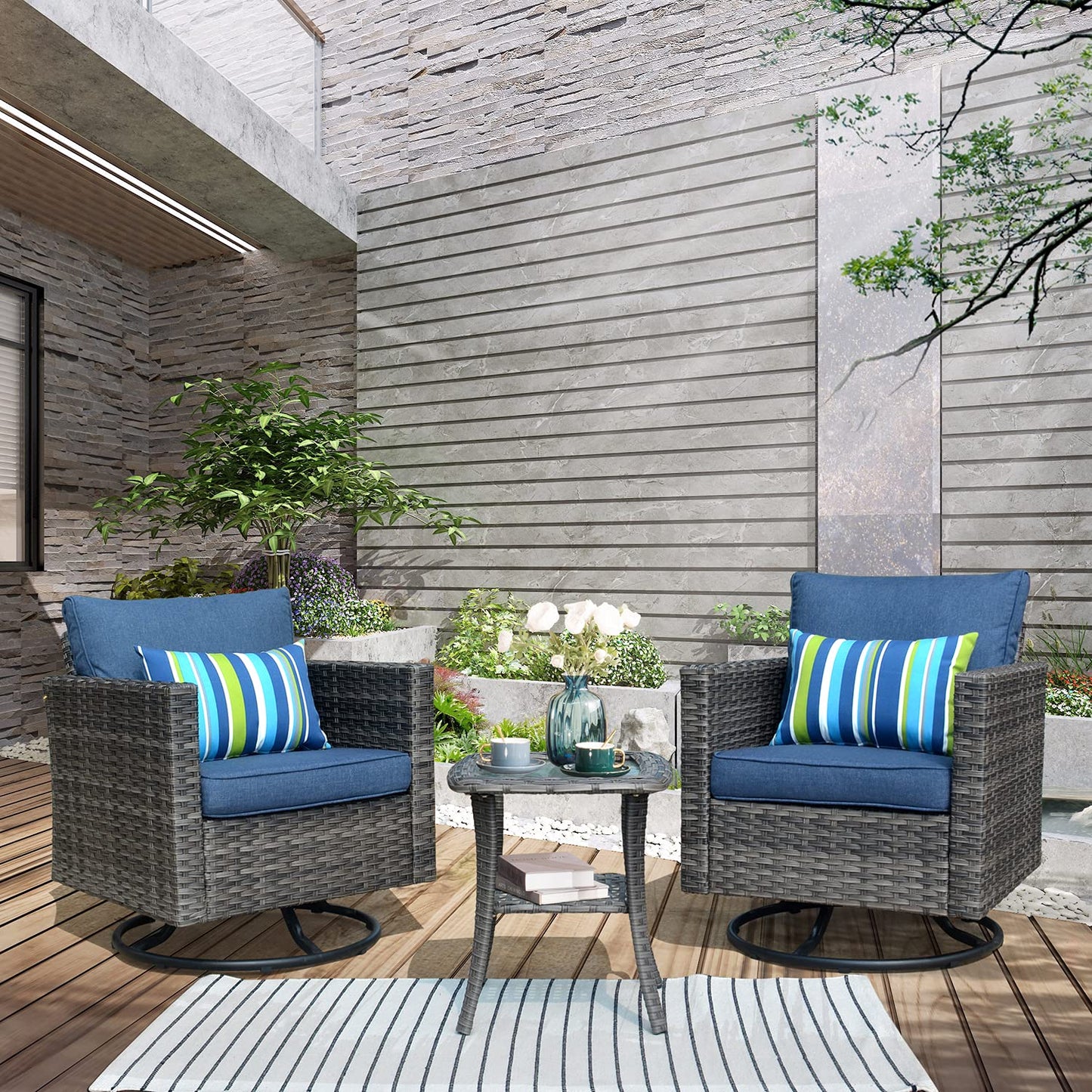 OVIOS Patio Furniture 3-Piece Set with Swivel Chairs and Table Square Shape Armrest
