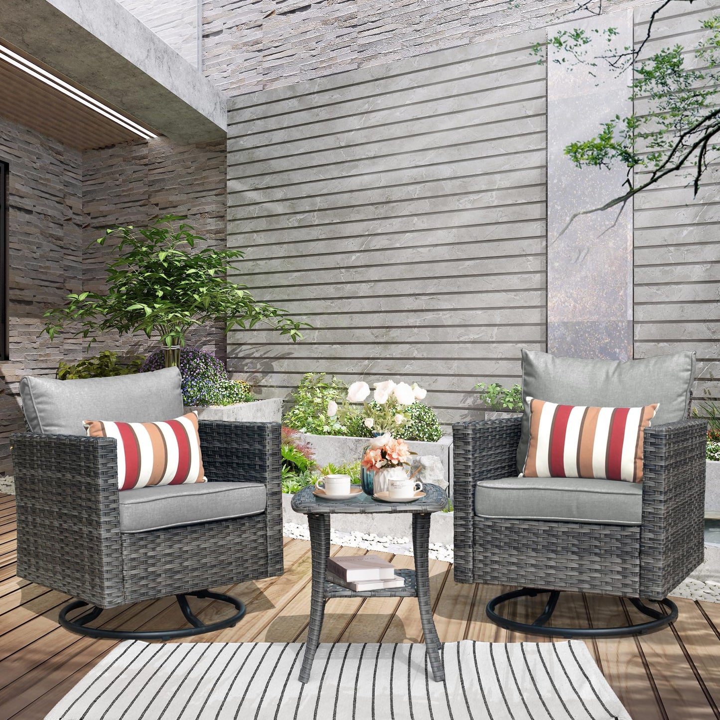 OVIOS Patio Furniture 3-Piece Set with Swivel Chairs and Table Square Shape Armrest