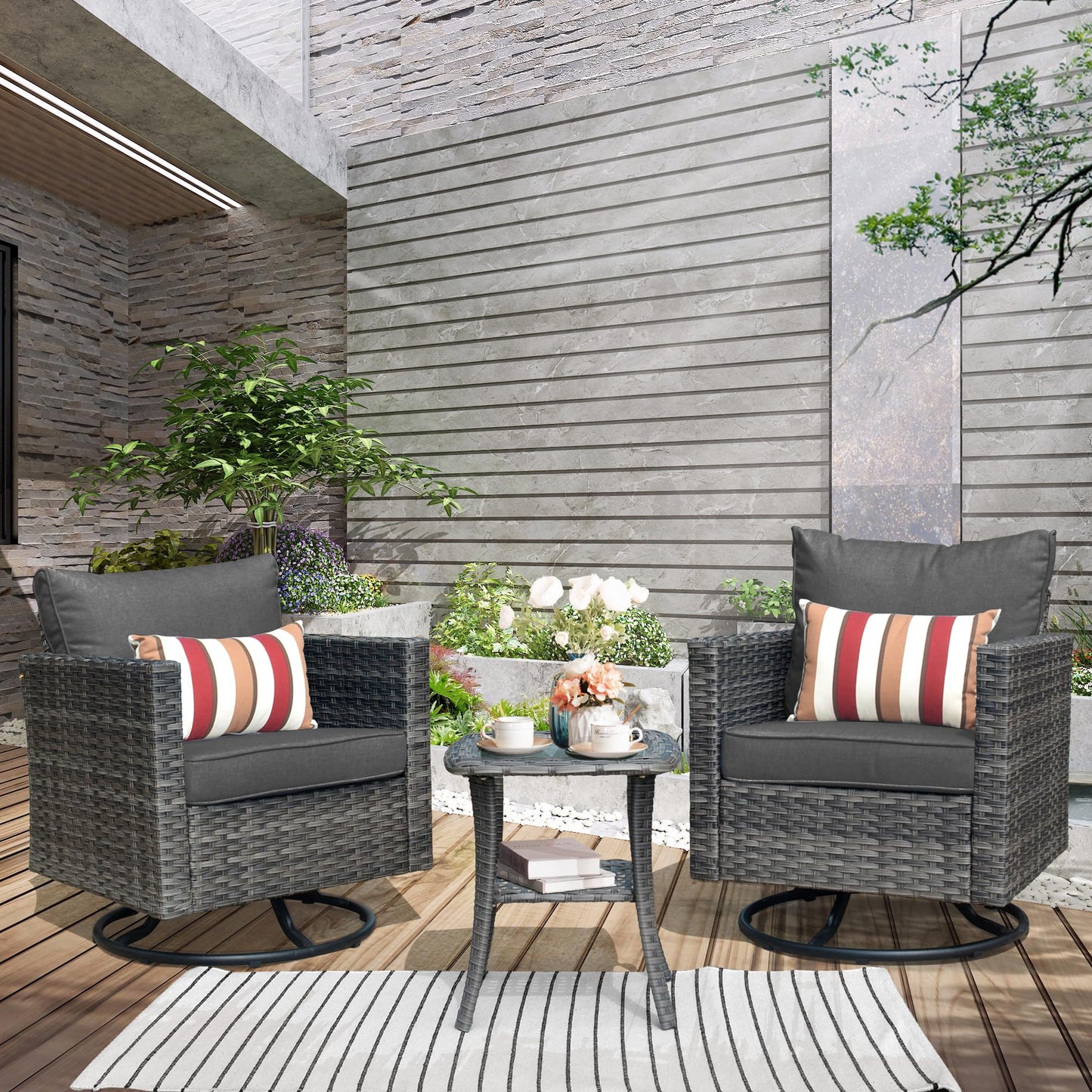 OVIOS Patio Furniture 3-Piece Set with Swivel Chairs and Table Square Shape Armrest