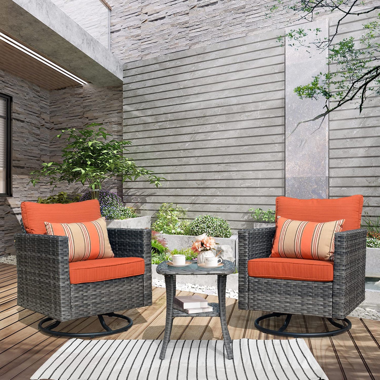 OVIOS Patio Furniture 3-Piece Set with Swivel Chairs and Table Square Shape Armrest