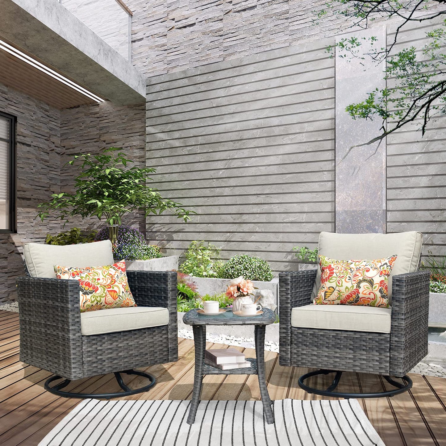 OVIOS Patio Furniture 3-Piece Set with Swivel Chairs and Table Square Shape Armrest