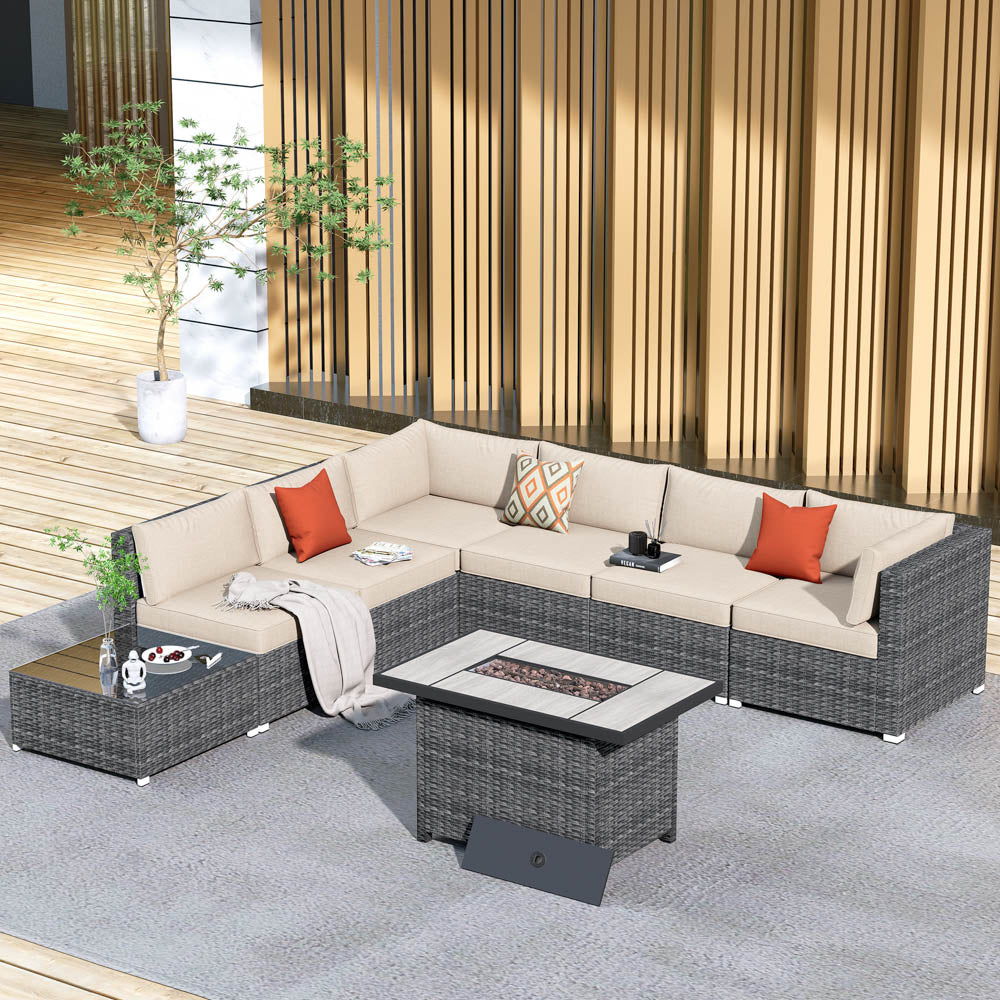 OVIOS Patio Furniture Set 8-Piece with All Weather Rattan Wicker Sofa and 42.12'' Fire Pit