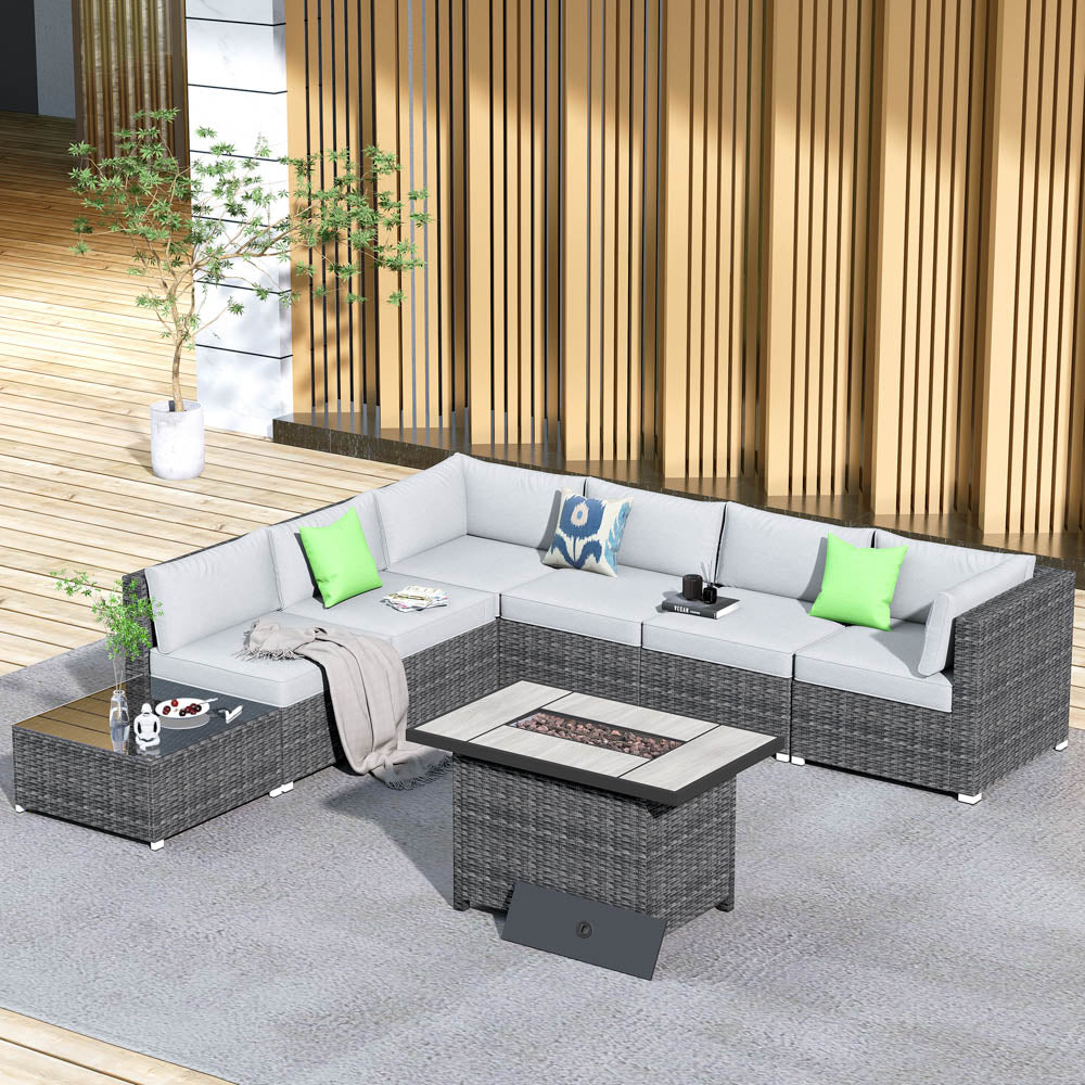 OVIOS Patio Furniture Set 8-Piece with All Weather Rattan Wicker Sofa and 42.12'' Fire Pit