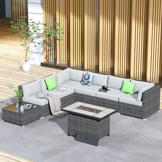 OVIOS Patio Furniture Set 8-Piece with All Weather Rattan Wicker Sofa and 42.12'' Fire Pit