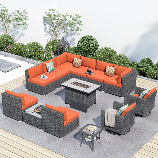OVIOS Patio Furniture 13-Piece Outdoor Sectional Sofa Set with Wicker Rocking Swivel Chairs and 42.12'' Fire Pit
