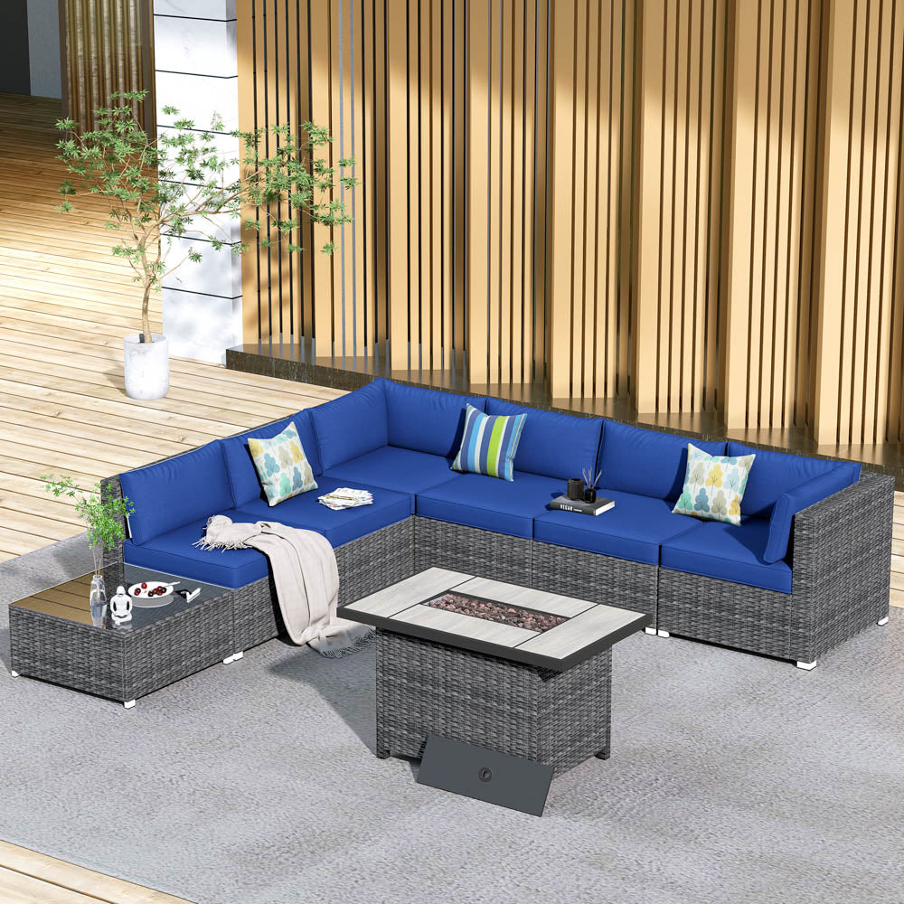 OVIOS Patio Furniture Set 8-Piece with All Weather Rattan Wicker Sofa and 42.12'' Fire Pit