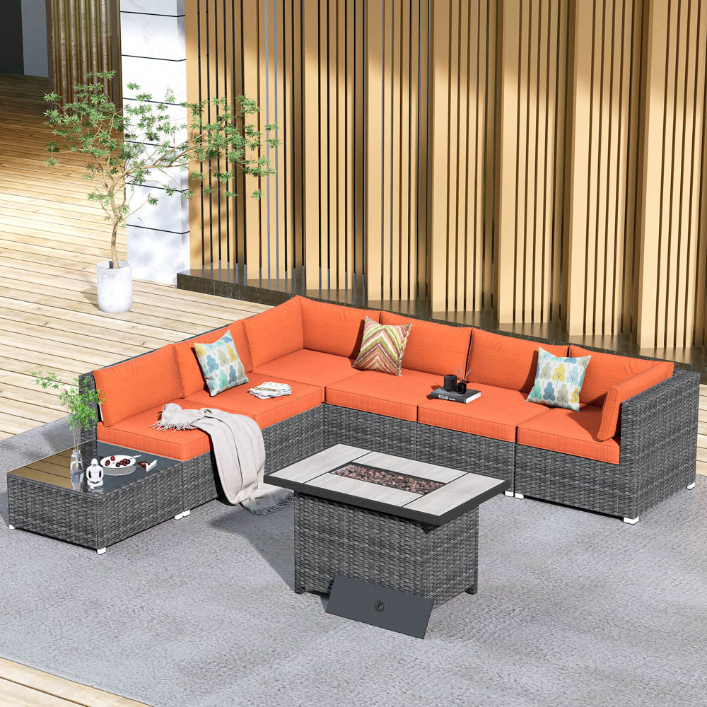 OVIOS Patio Furniture Set 8-Piece with All Weather Rattan Wicker Sofa and 42.12'' Fire Pit