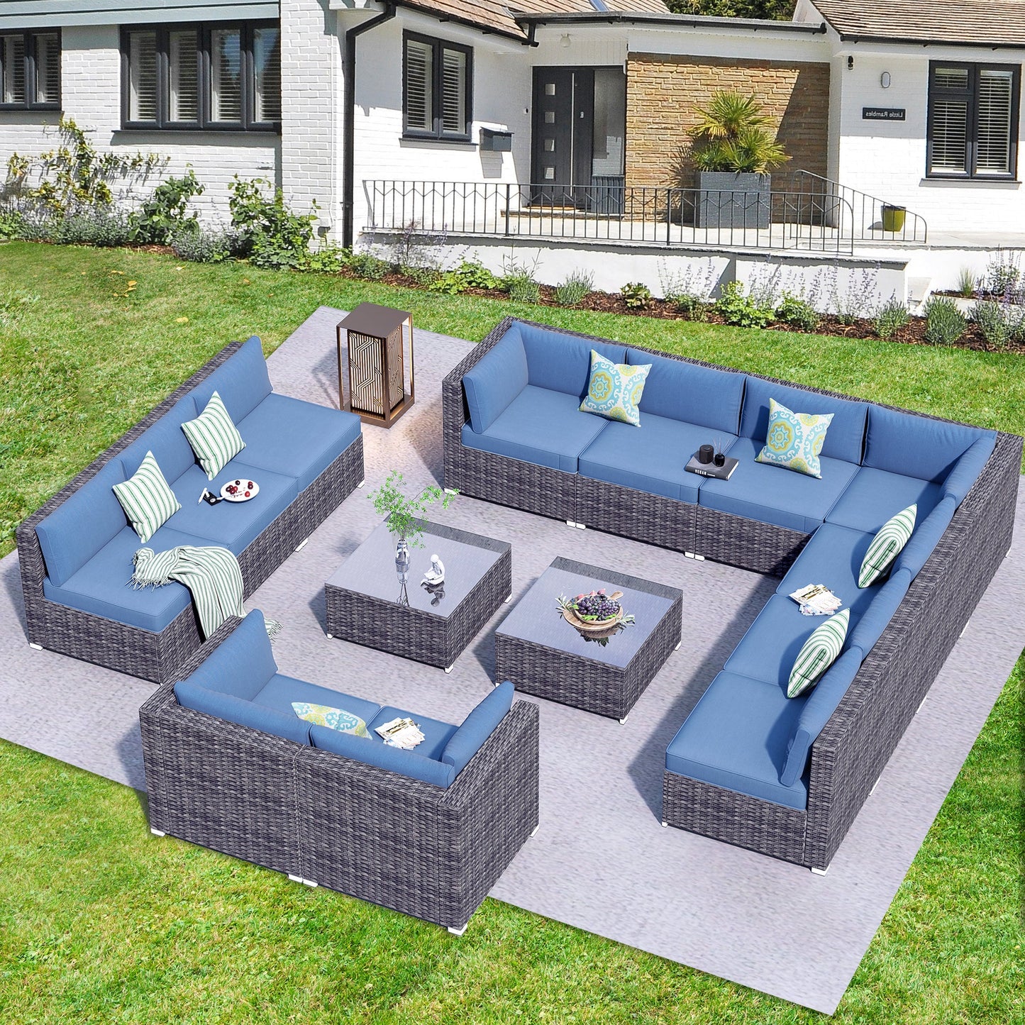 OVIOS Patio Furniture Set 14-Piece with All Weather Rattan Wicker Sofa and Tempered Glass Table