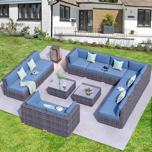 OVIOS Patio Furniture Set 14-Piece with All Weather Rattan Wicker Sofa and Tempered Glass Table