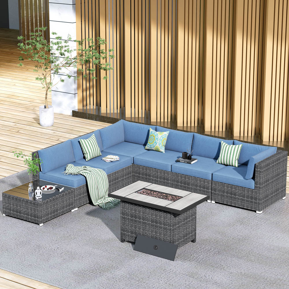 OVIOS Patio Furniture Set 8-Piece with All Weather Rattan Wicker Sofa and 42.12'' Fire Pit