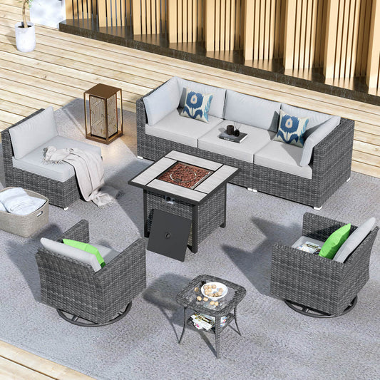 OVIOS Patio Furniture 8-Piece Outdoor Sectional Sofa Set with Wicker Rocking Swivel Chairs and 30'' Fire Pit