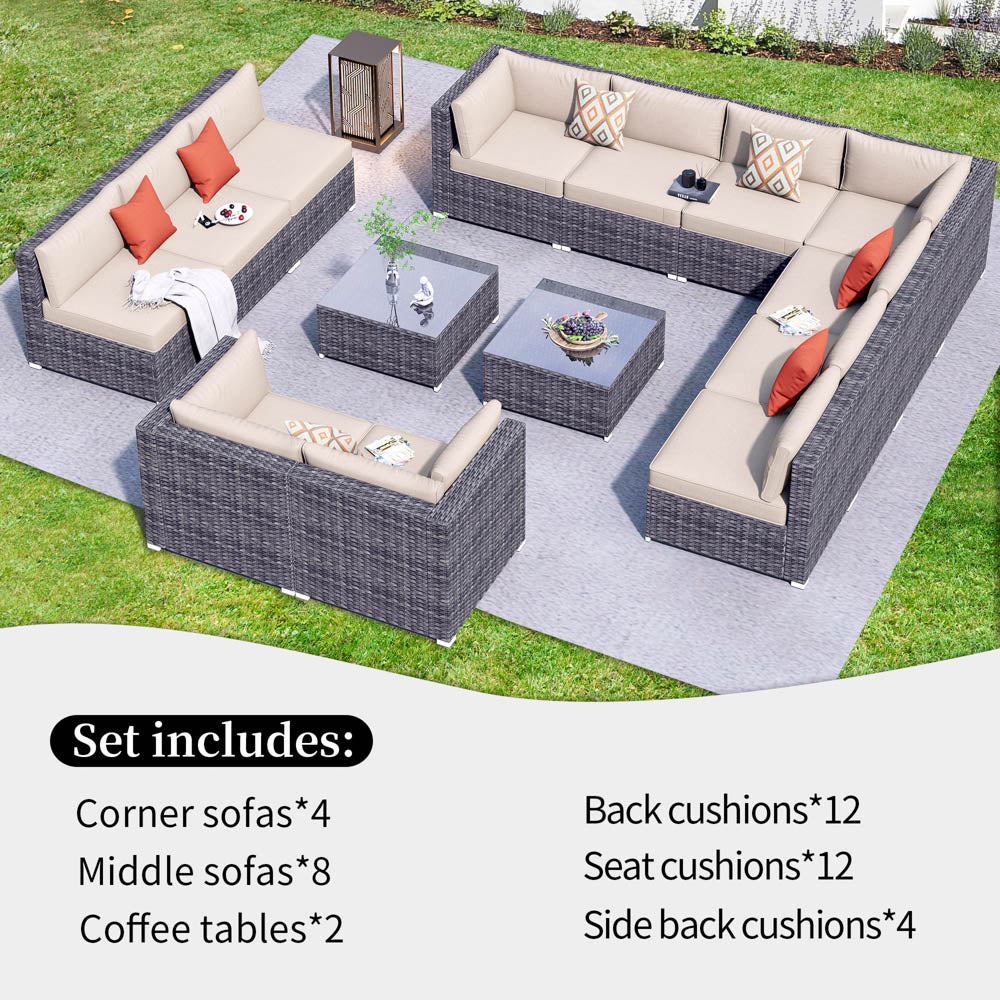 OVIOS Patio Furniture Set 14-Piece with All Weather Rattan Wicker Sofa and Tempered Glass Table