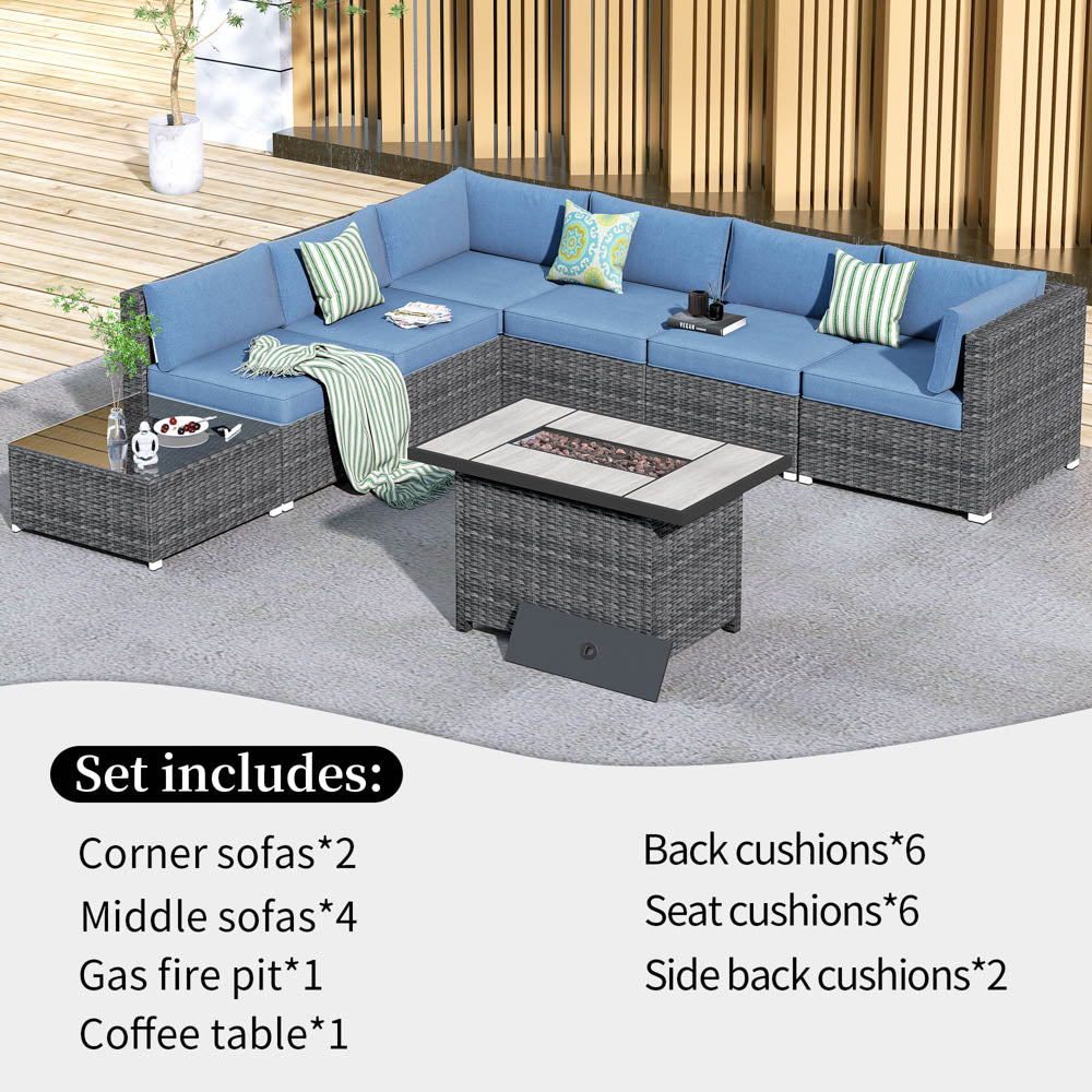 OVIOS Patio Furniture Set 8-Piece with All Weather Rattan Wicker Sofa and 42.12'' Fire Pit