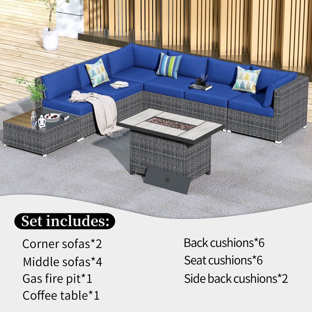OVIOS Patio Furniture Set 8-Piece with All Weather Rattan Wicker Sofa and 42.12'' Fire Pit