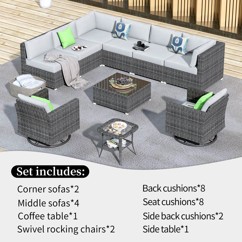OVIOS Patio Furniture 10-Piece Outdoor Sectional Sofa Set with Wicker Rocking Swivel Chairs and Tempered Glass Table