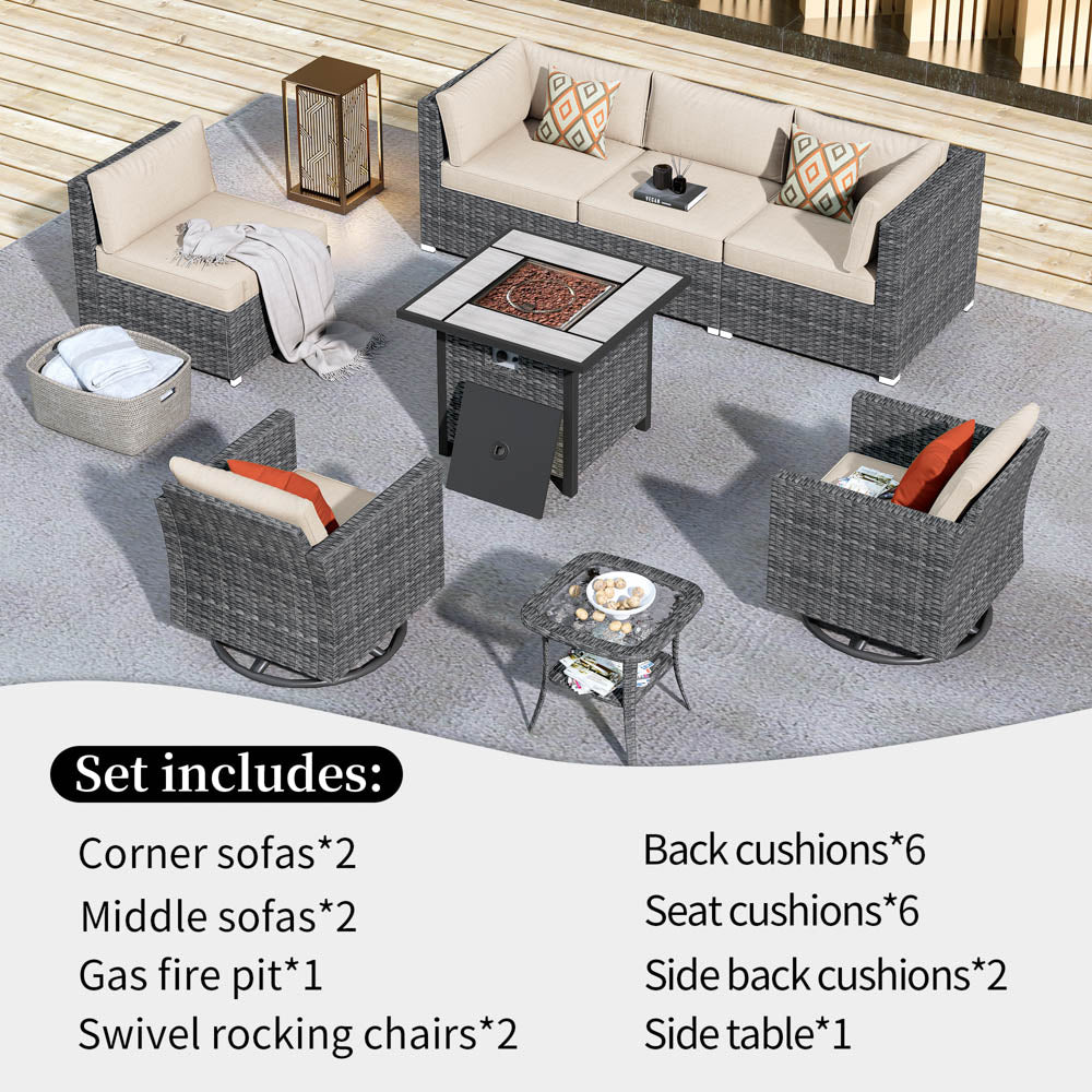 OVIOS Patio Furniture 8-Piece Outdoor Sectional Sofa Set with Wicker Rocking Swivel Chairs and 30'' Fire Pit