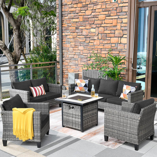 OVIOS Patio Vultros Furniture Set 7-Person Seating with 30'' Propane Fire Pit Table