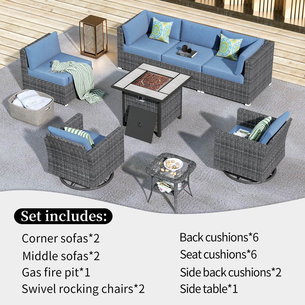OVIOS Patio Furniture 8-Piece Outdoor Sectional Sofa Set with Wicker Rocking Swivel Chairs and 30'' Fire Pit