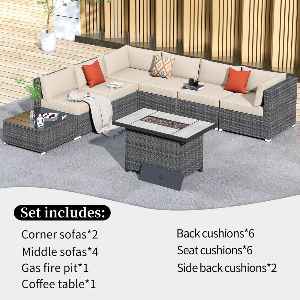 OVIOS Patio Furniture Set 8-Piece with All Weather Rattan Wicker Sofa and 42.12'' Fire Pit