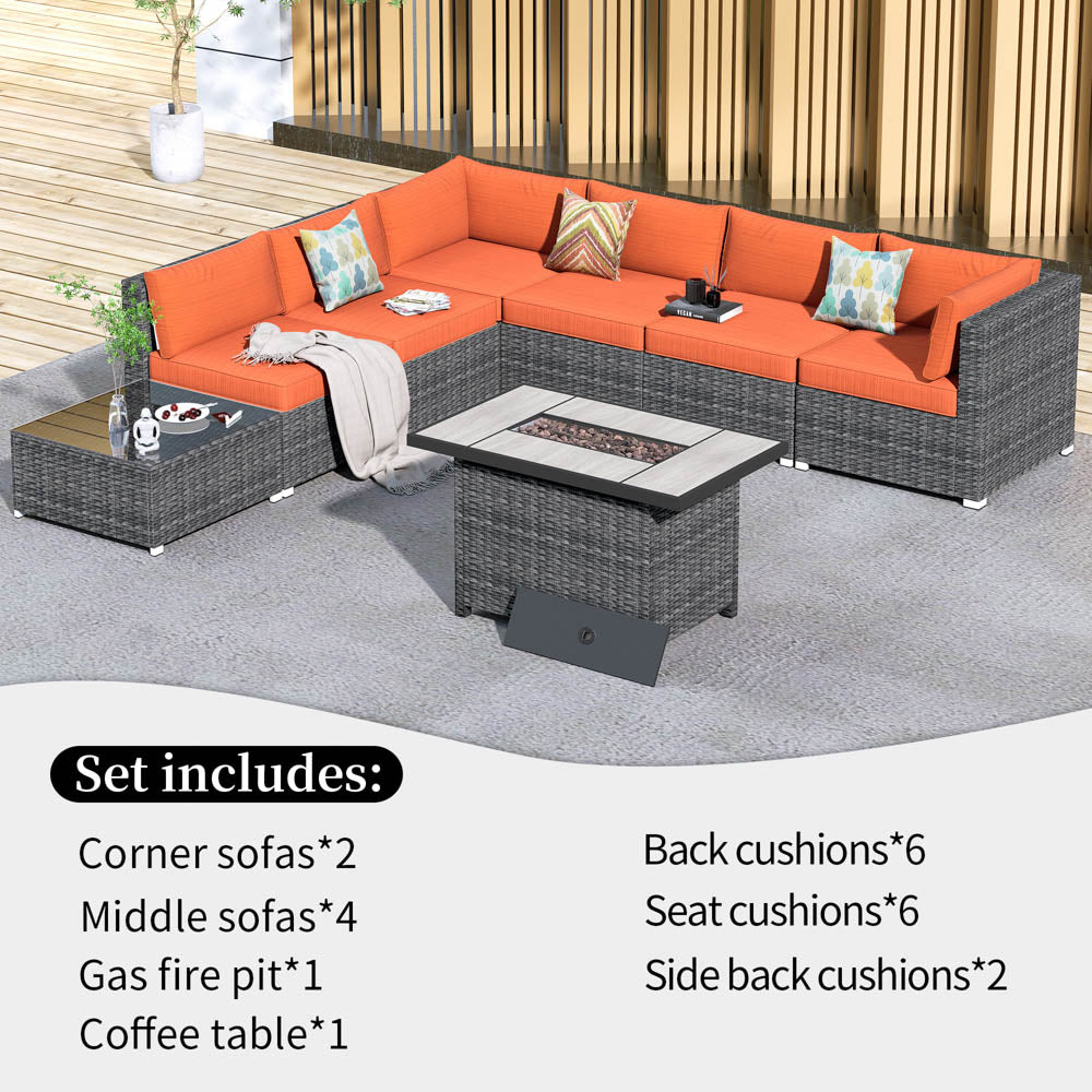 OVIOS Patio Furniture Set 8-Piece with All Weather Rattan Wicker Sofa and 42.12'' Fire Pit