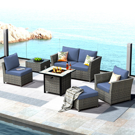 OVIOS Patio Furniture Set New Rimaru 7-Piece Set include 30'' Square Fire Pit Table Partially Assembled