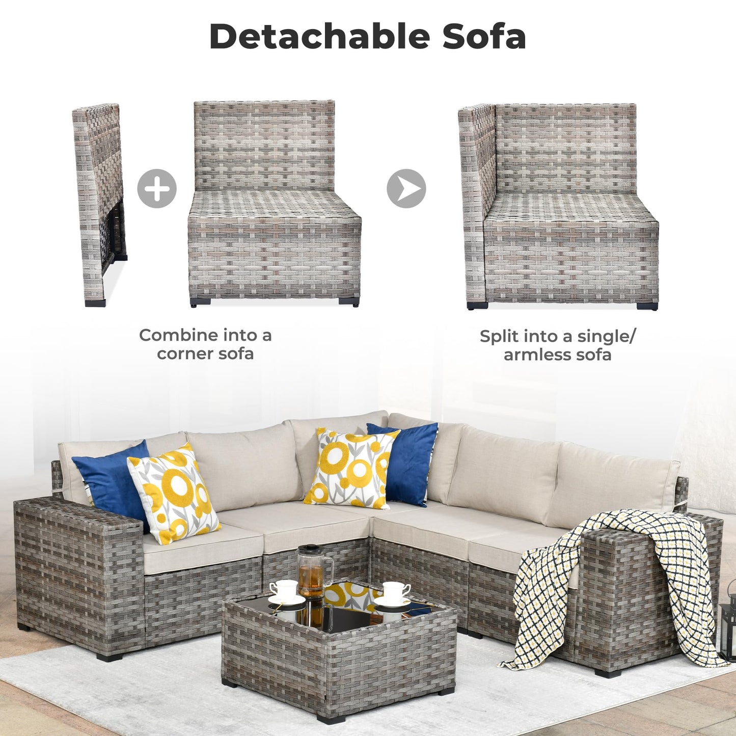OVIOS 6 Pieces Outdoor Sectional Sofa with 7.68'' Broad Handrails