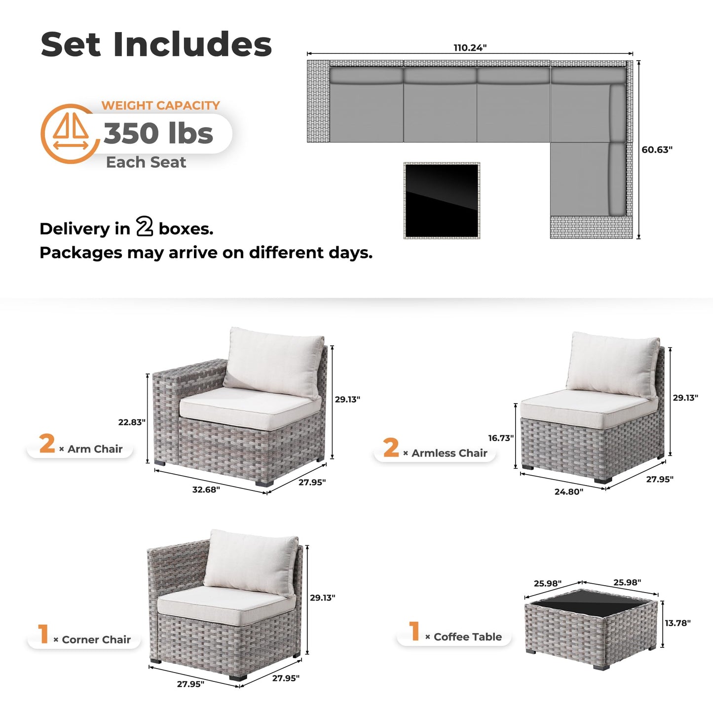 OVIOS 6 Pieces Outdoor Sectional Sofa with 7.68'' Broad Handrails