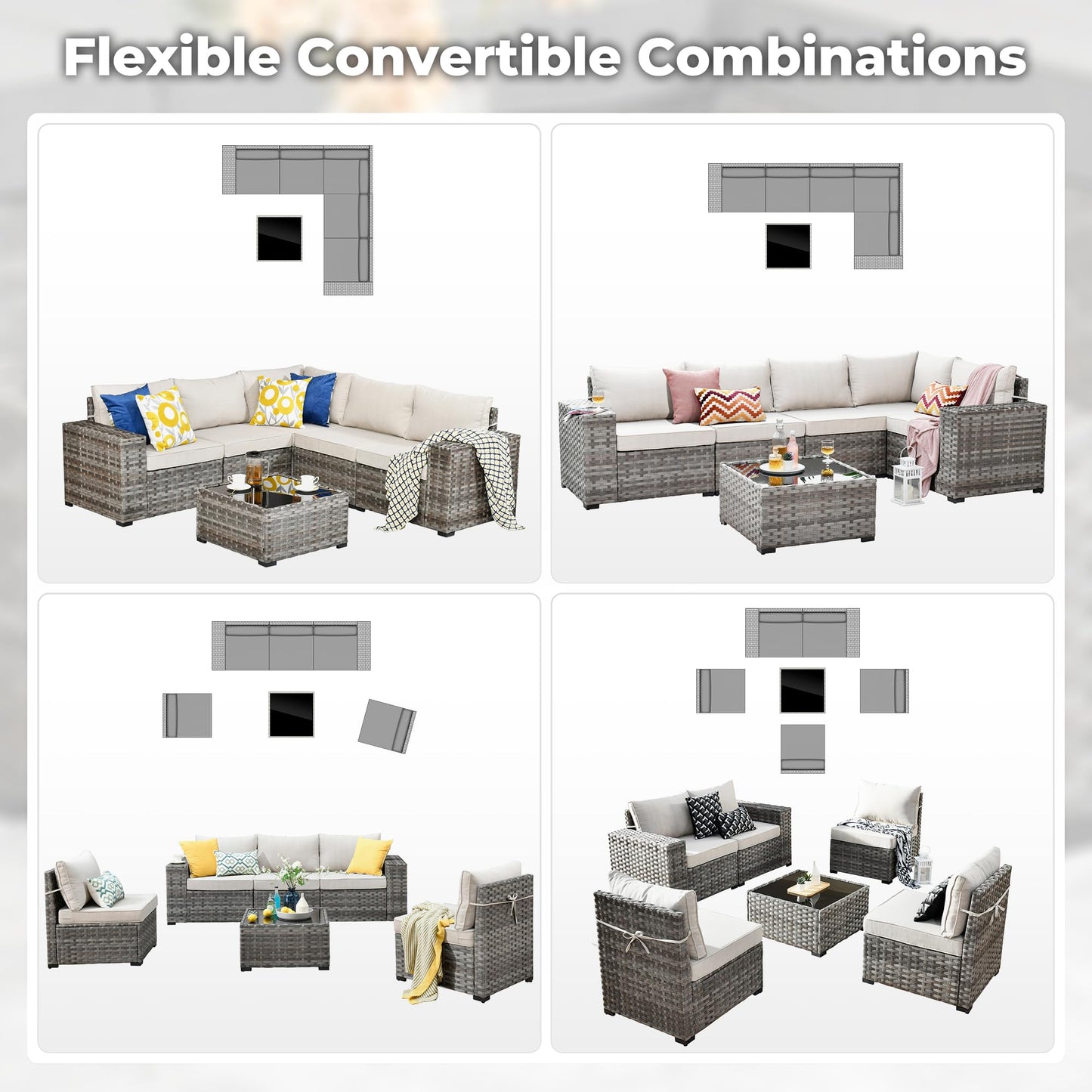 OVIOS 6 Pieces Outdoor Sectional Sofa with 7.68'' Broad Handrails