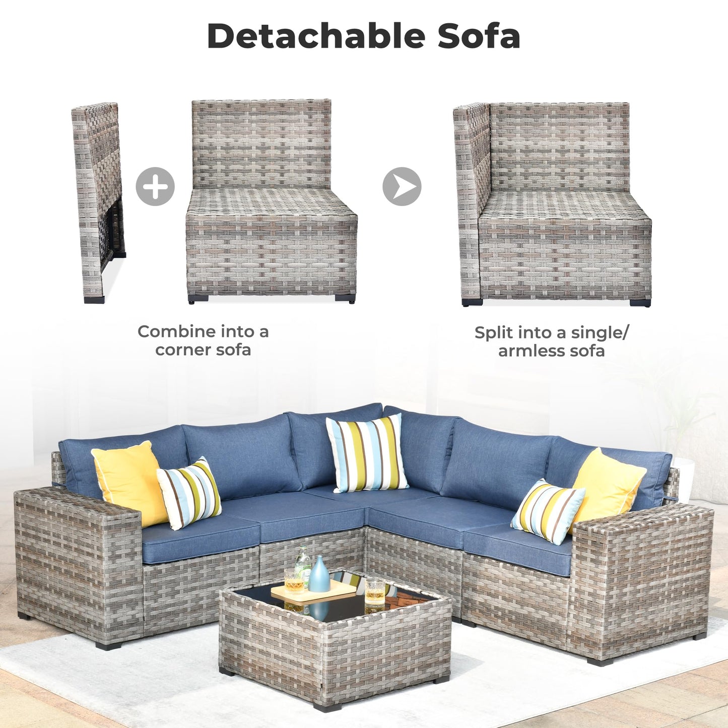 OVIOS 6 Pieces Outdoor Sectional Sofa with 7.68'' Broad Handrails