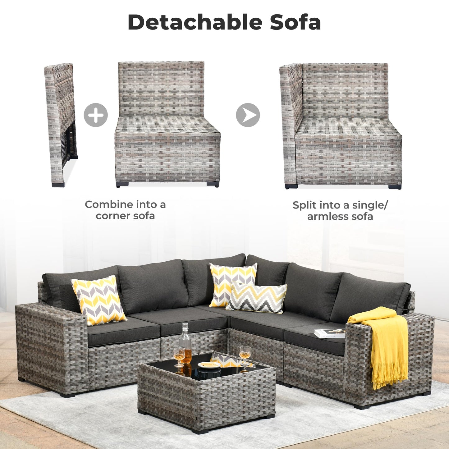 OVIOS 6 Pieces Outdoor Sectional Sofa with 7.68'' Broad Handrails
