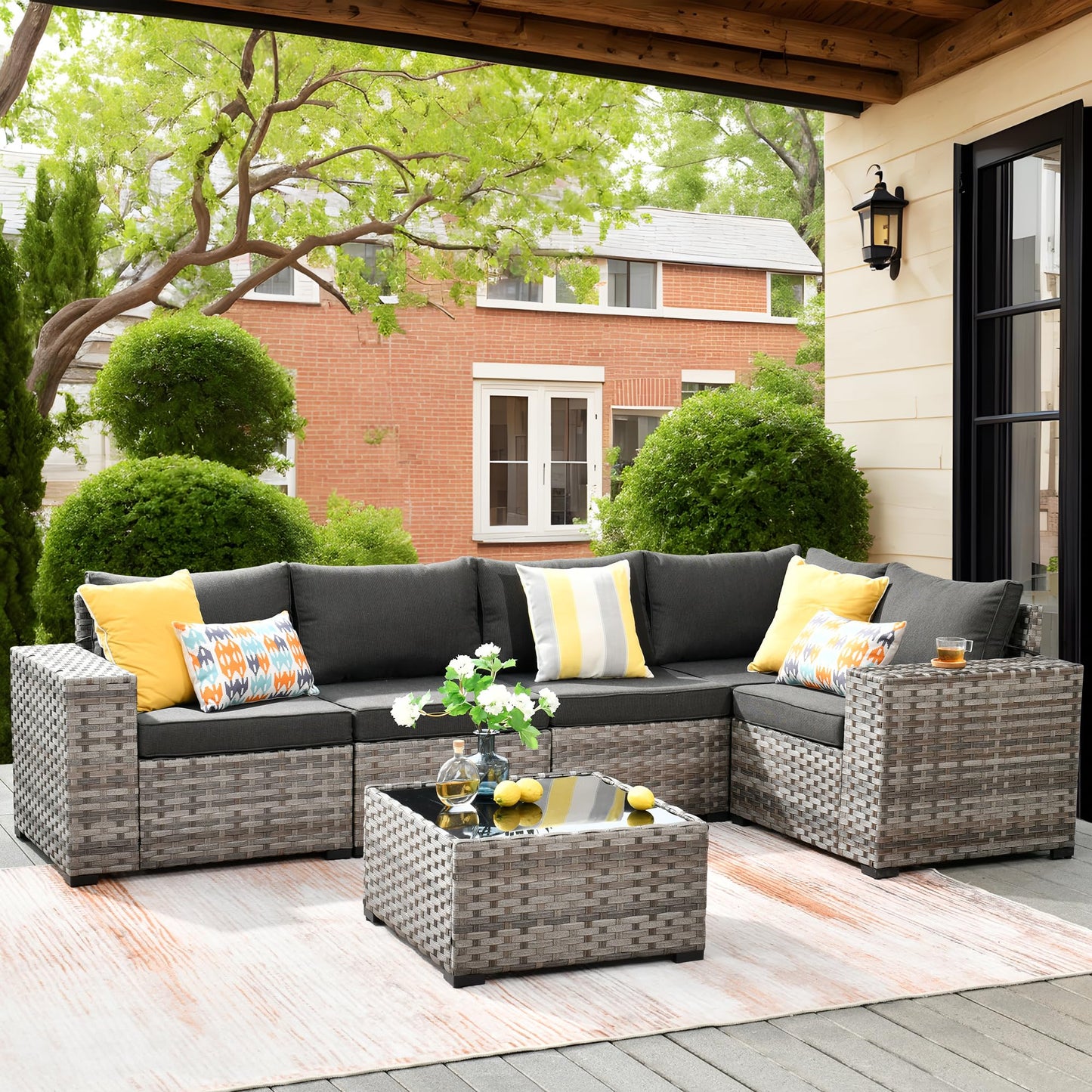 OVIOS 6 Pieces Outdoor Sectional Sofa with 7.68'' Broad Handrails