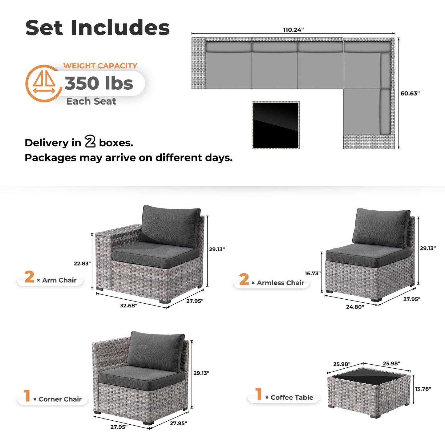 OVIOS 6 Pieces Outdoor Sectional Sofa with 7.68'' Broad Handrails