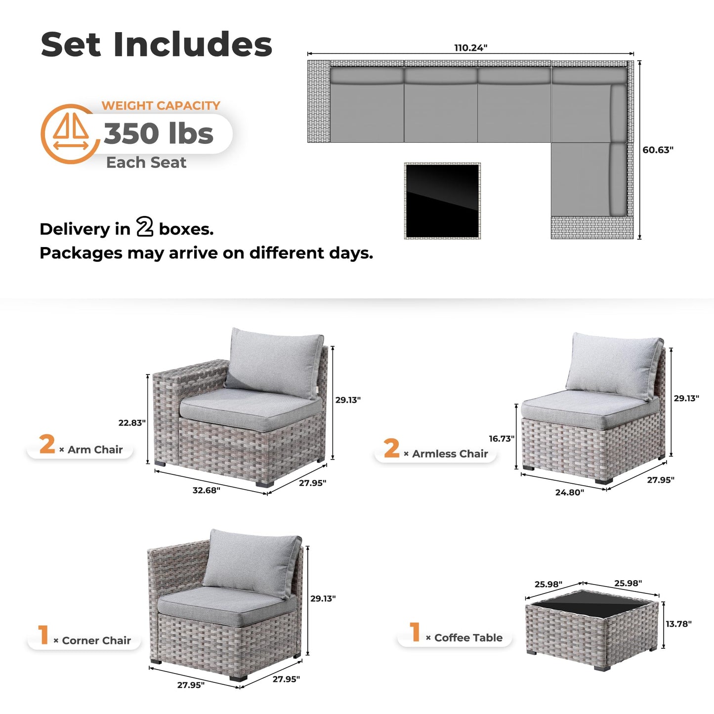OVIOS 6 Pieces Outdoor Sectional Sofa with 7.68'' Broad Handrails
