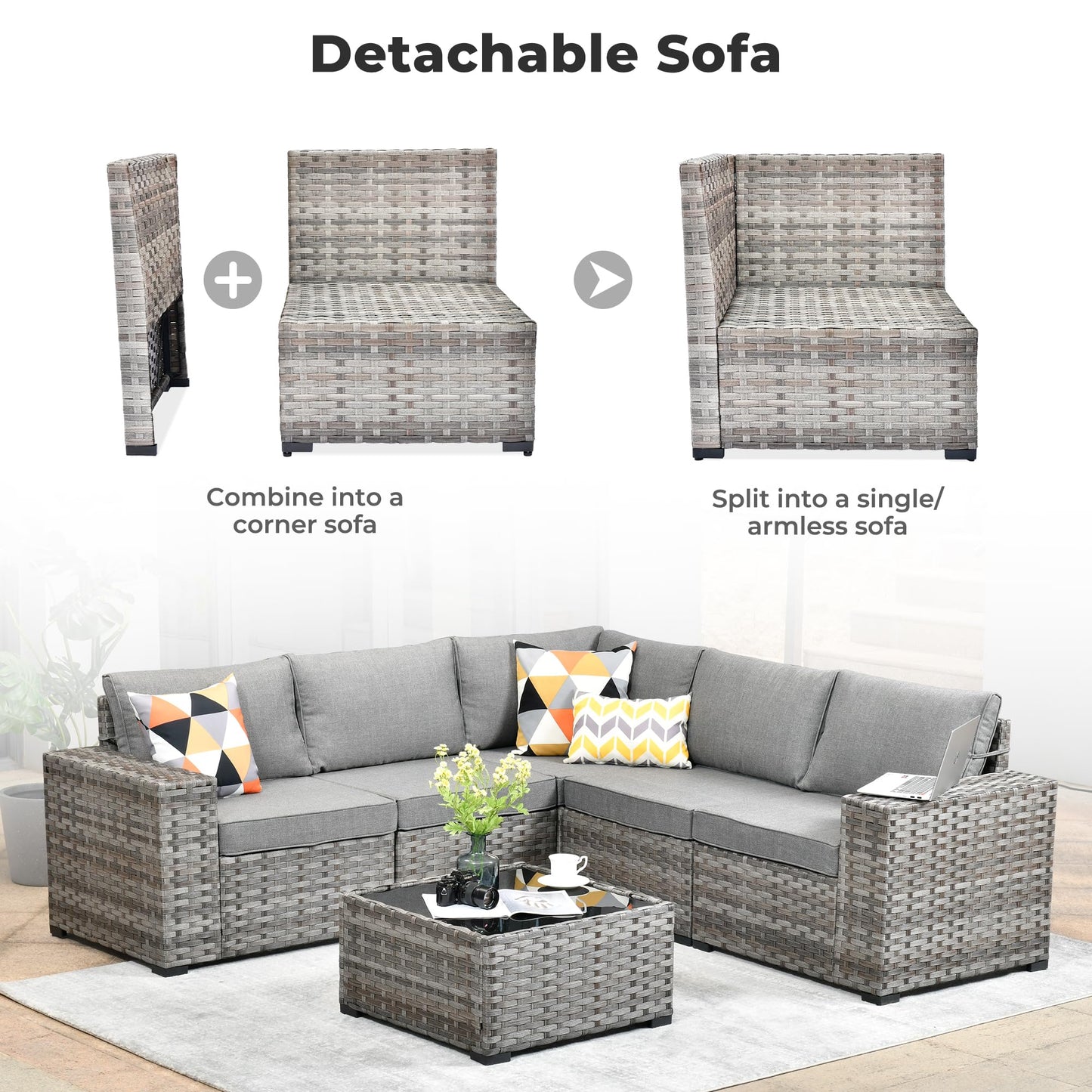 OVIOS 6 Pieces Outdoor Sectional Sofa with 7.68'' Broad Handrails