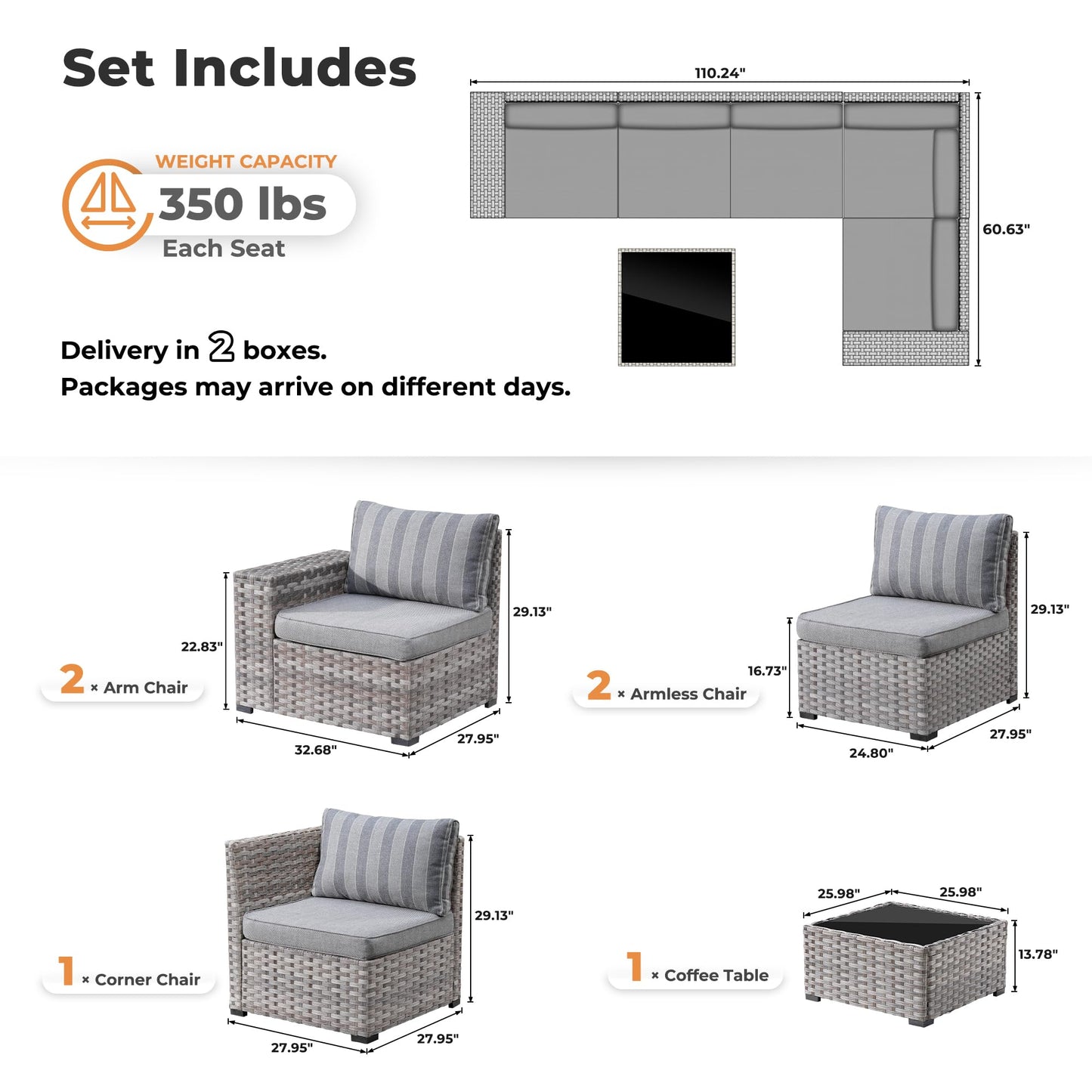 OVIOS 6 Pieces Outdoor Sectional Sofa with 7.68'' Broad Handrails