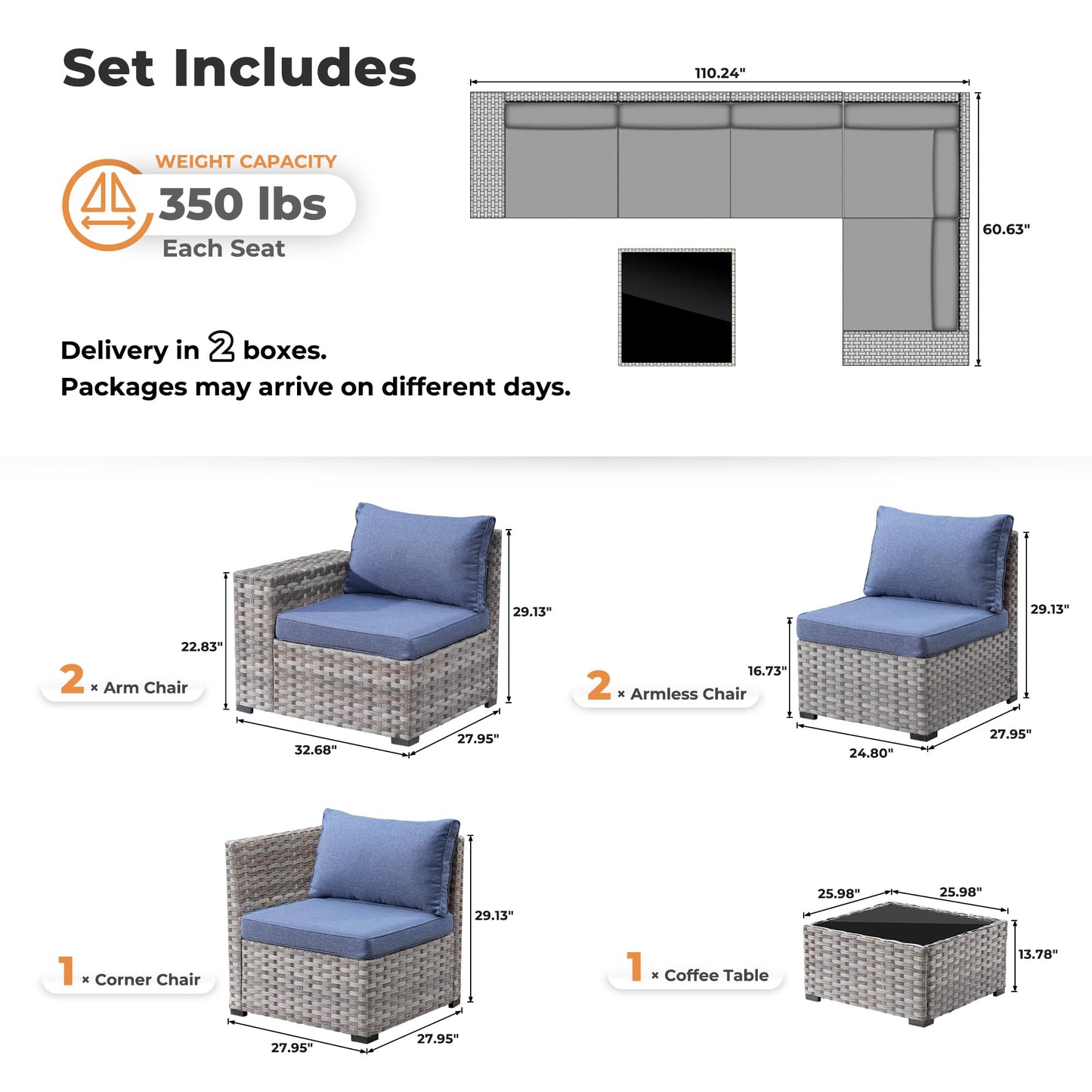 OVIOS 6 Pieces Outdoor Sectional Sofa with 7.68'' Broad Handrails