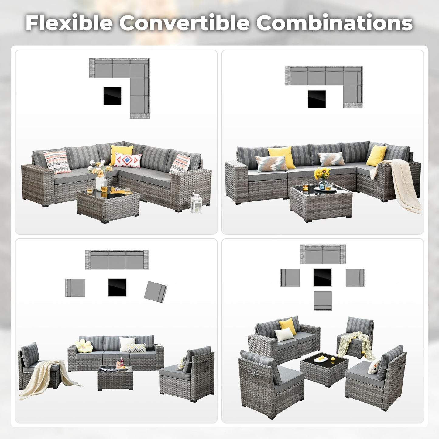 OVIOS 6 Pieces Outdoor Sectional Sofa with 7.68'' Broad Handrails