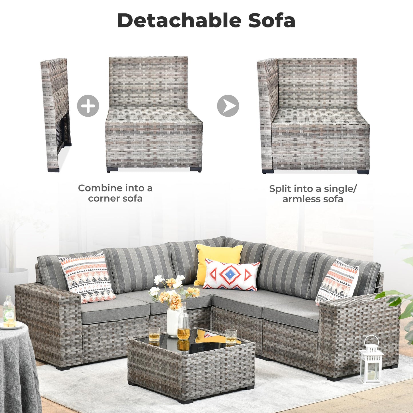 OVIOS 6 Pieces Outdoor Sectional Sofa with 7.68'' Broad Handrails
