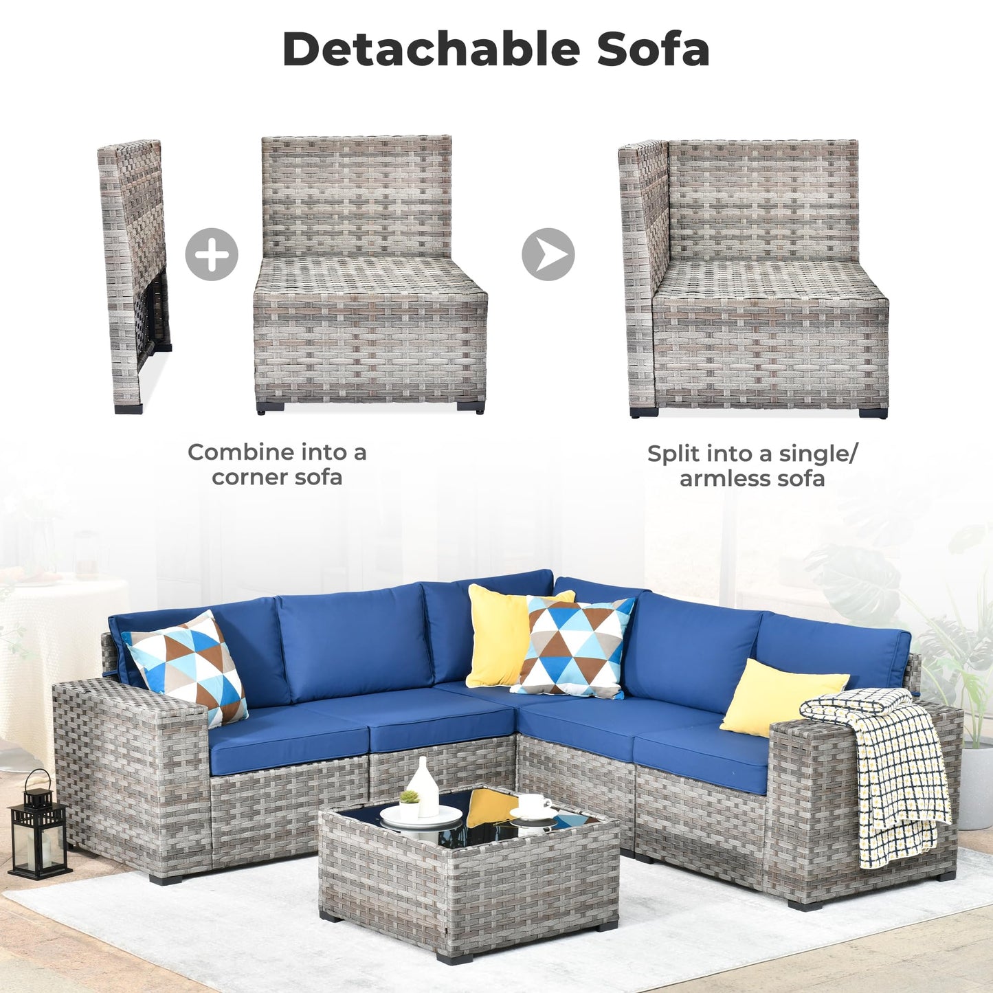 OVIOS 6 Pieces Outdoor Sectional Sofa with 7.68'' Broad Handrails