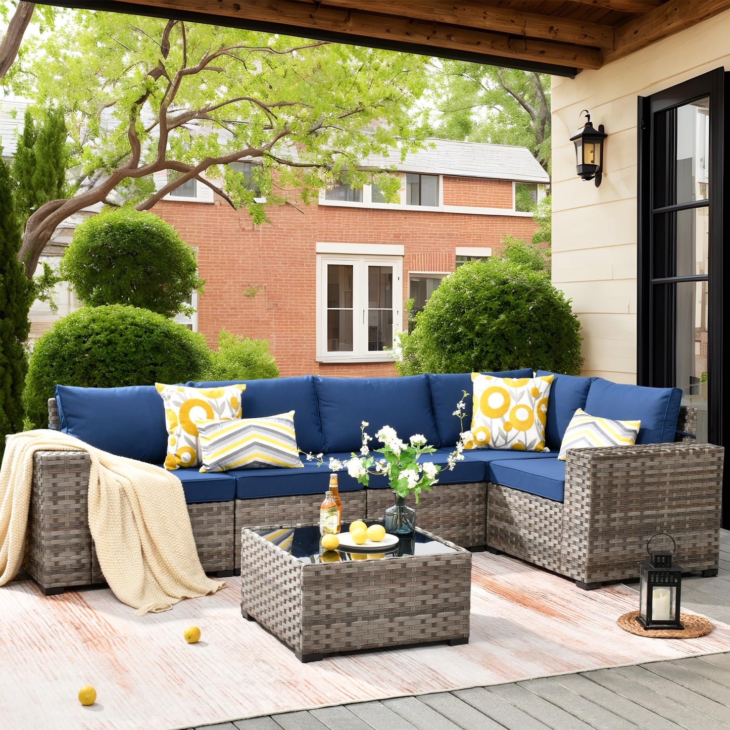OVIOS 6 Pieces Outdoor Sectional Sofa with 7.68'' Broad Handrails