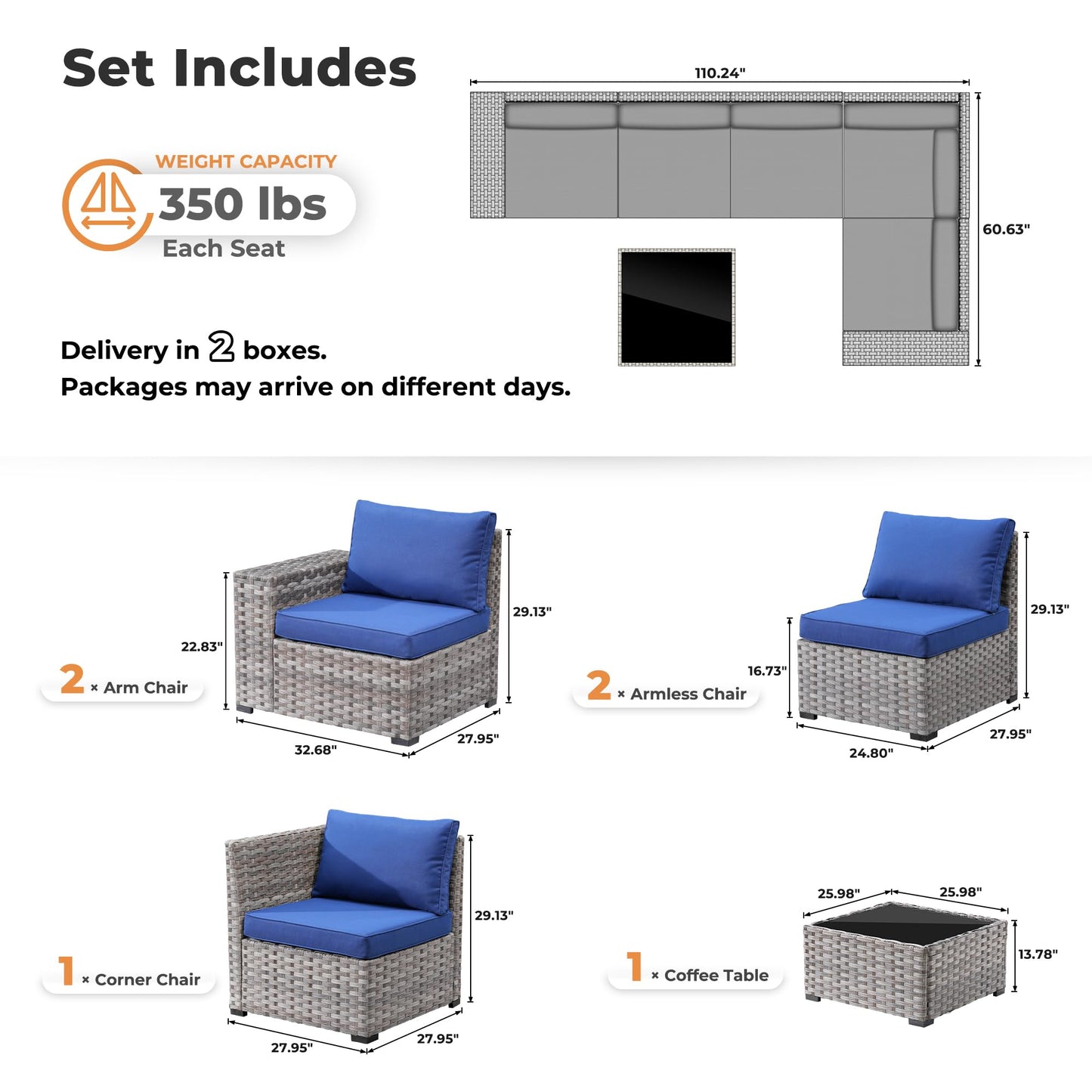 OVIOS 6 Pieces Outdoor Sectional Sofa with 7.68'' Broad Handrails