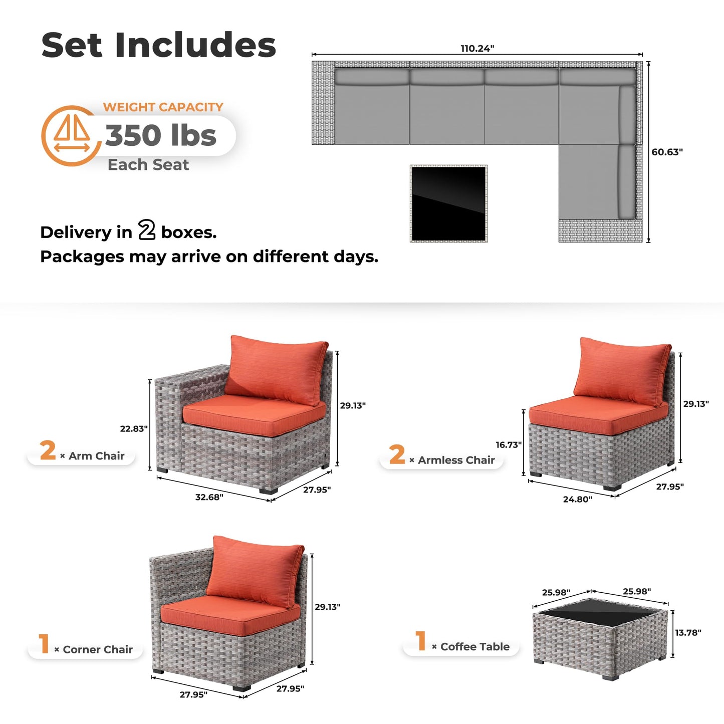 OVIOS 6 Pieces Outdoor Sectional Sofa with 7.68'' Broad Handrails