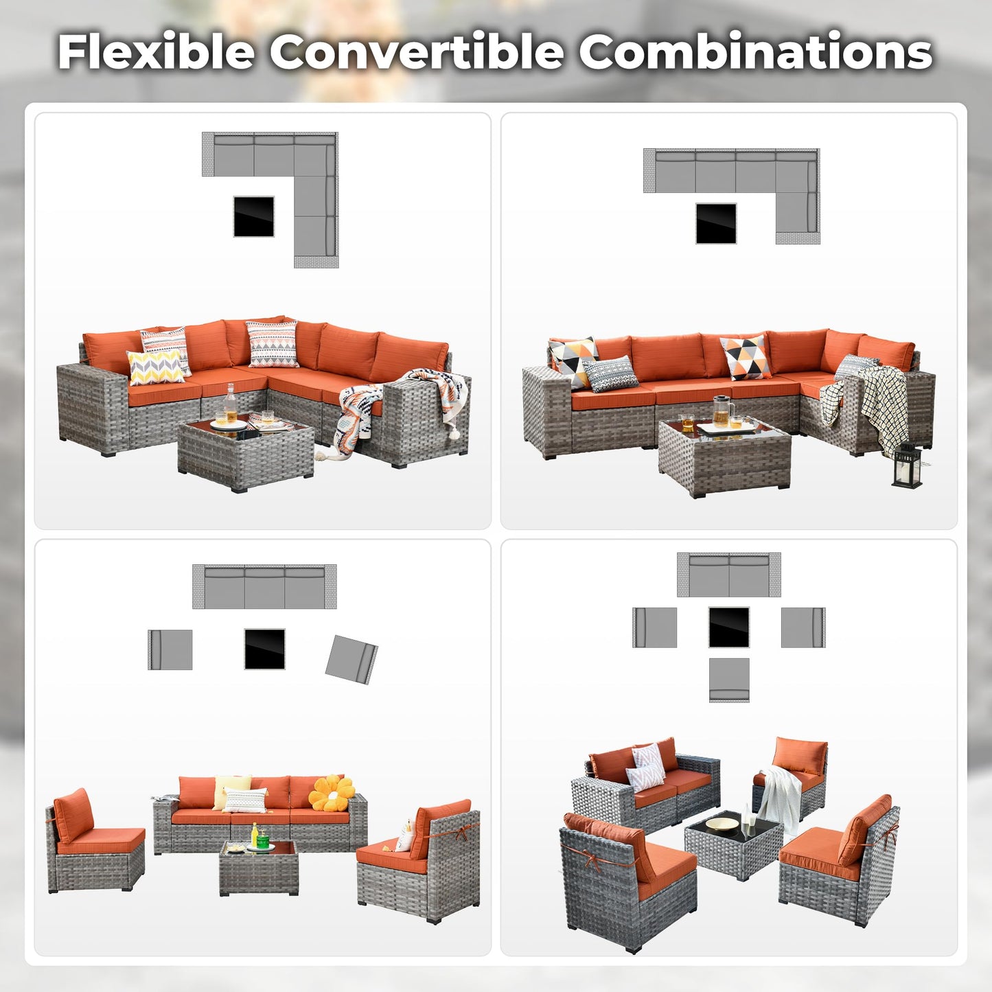 OVIOS 6 Pieces Outdoor Sectional Sofa with 7.68'' Broad Handrails