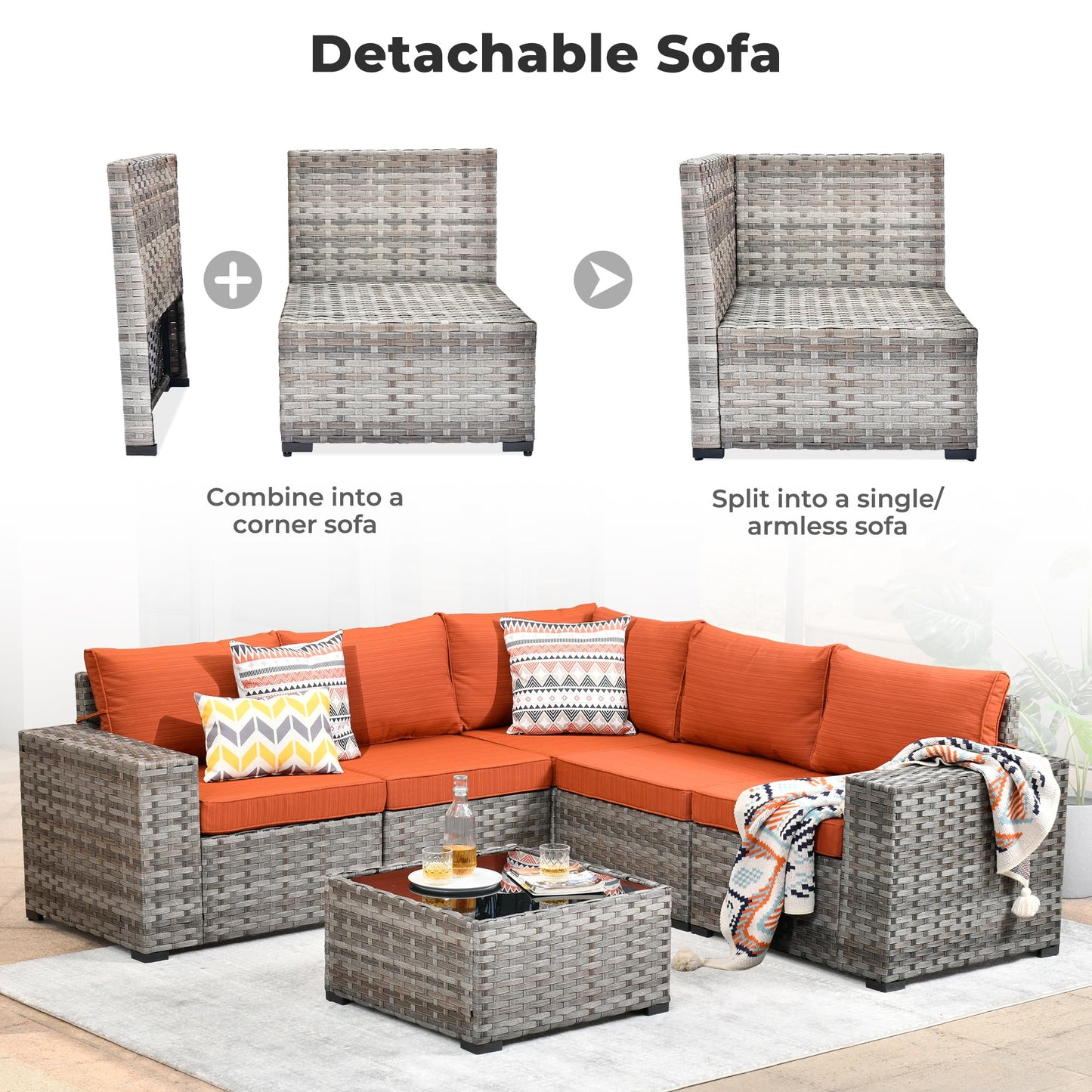 OVIOS 6 Pieces Outdoor Sectional Sofa with 7.68'' Broad Handrails