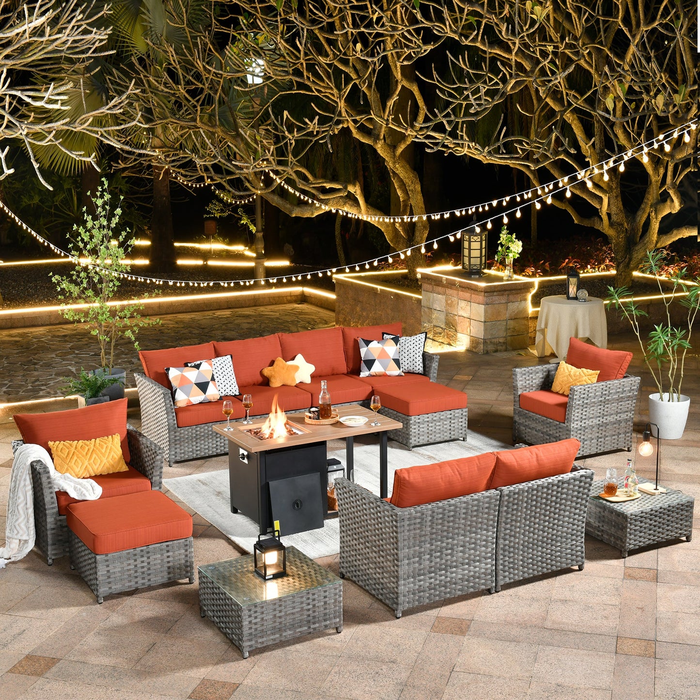 OVIOS Patio Furniture Set 13-Piece include 42"Rectangle Fire Pit Table, Partially Assembled,BRS Series