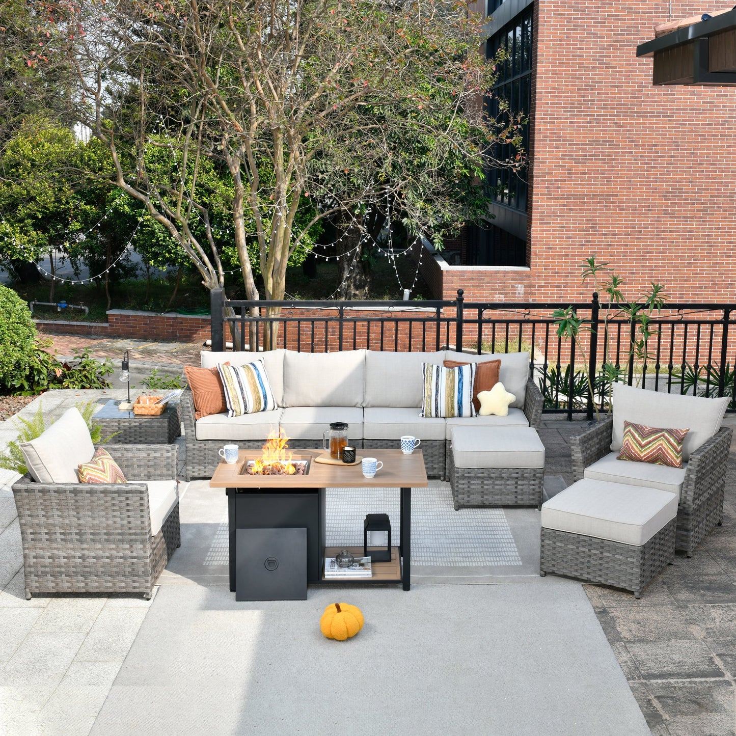 OVIOS Patio Furniture Set 10-Piece include 42"Rectangle Fire Pit Table, Partially Assembled,BRS Series