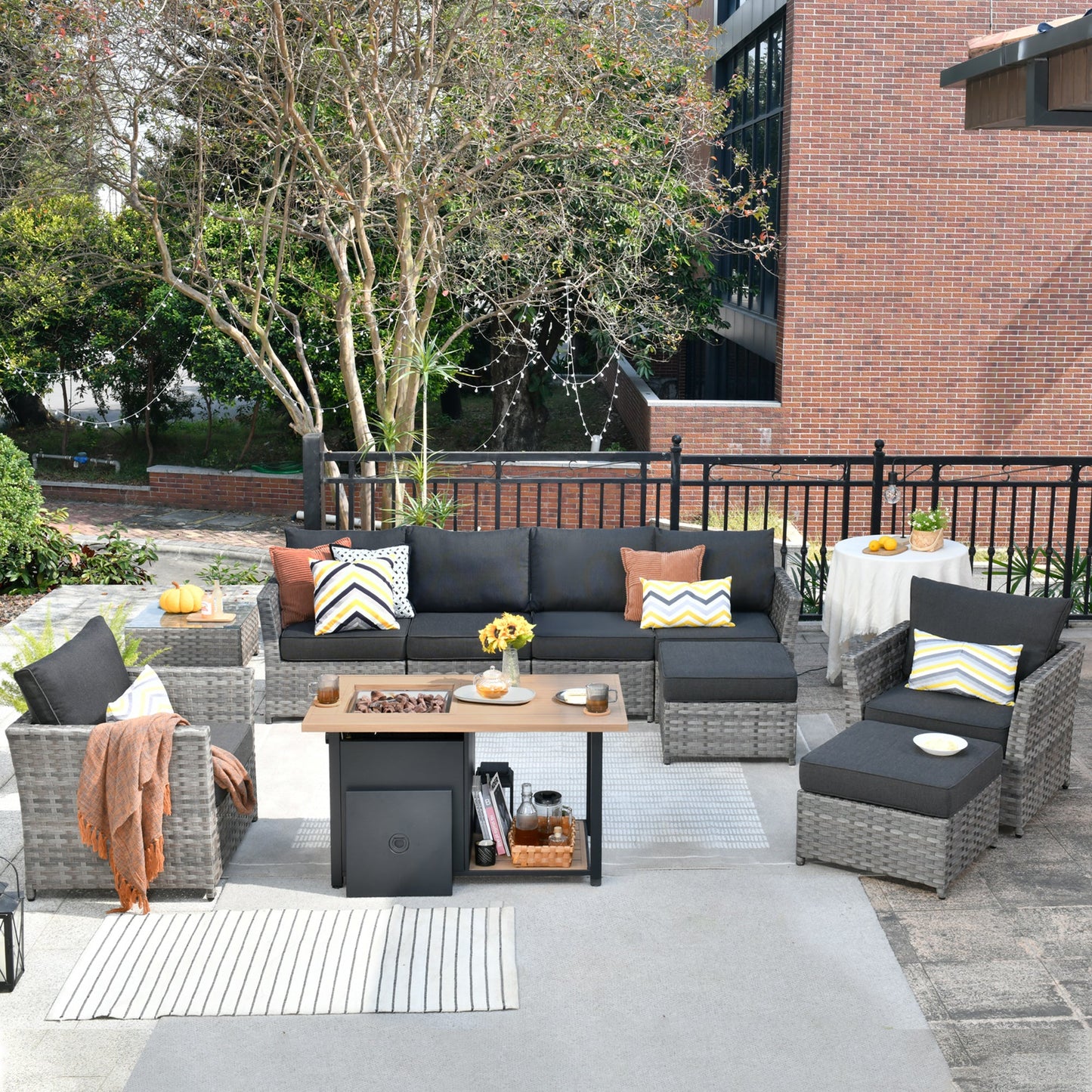 OVIOS Patio Furniture Set 10-Piece include 42"Rectangle Fire Pit Table, Partially Assembled,BRS Series