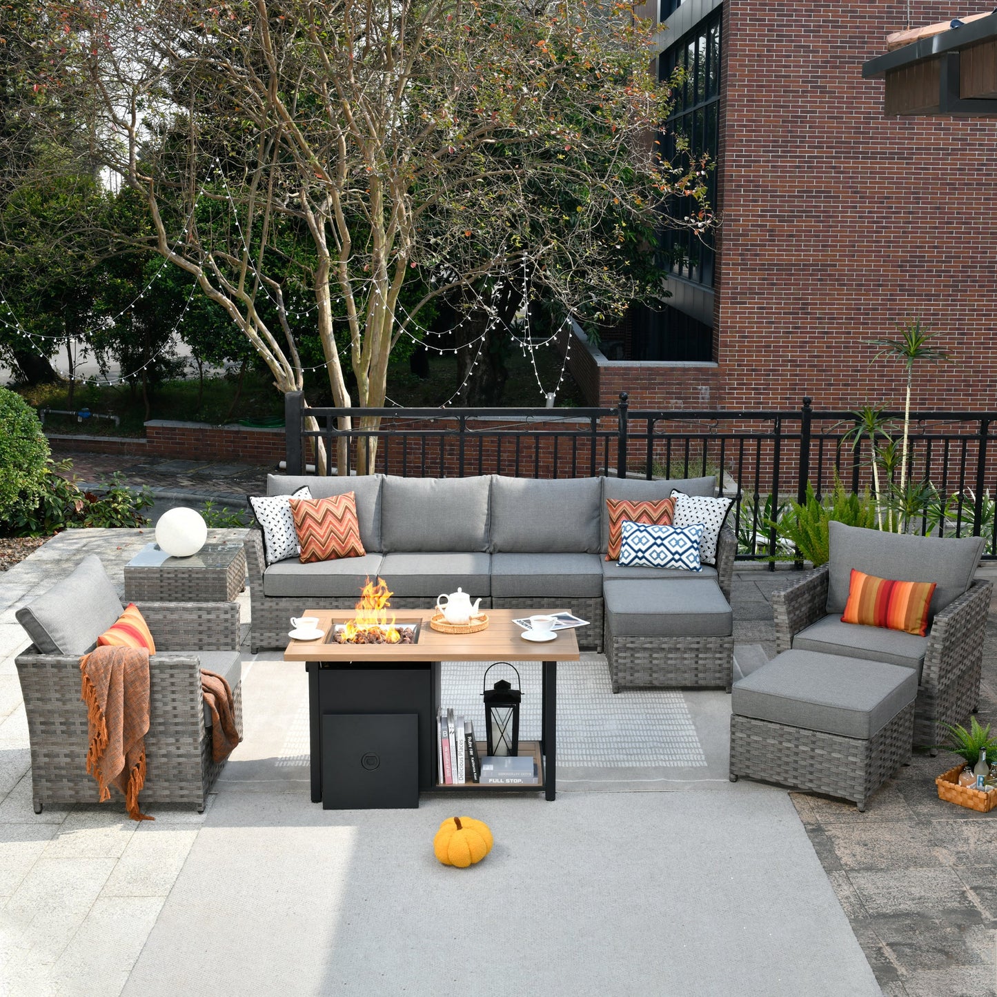 OVIOS Patio Furniture Set 10-Piece include 42"Rectangle Fire Pit Table, Partially Assembled,BRS Series