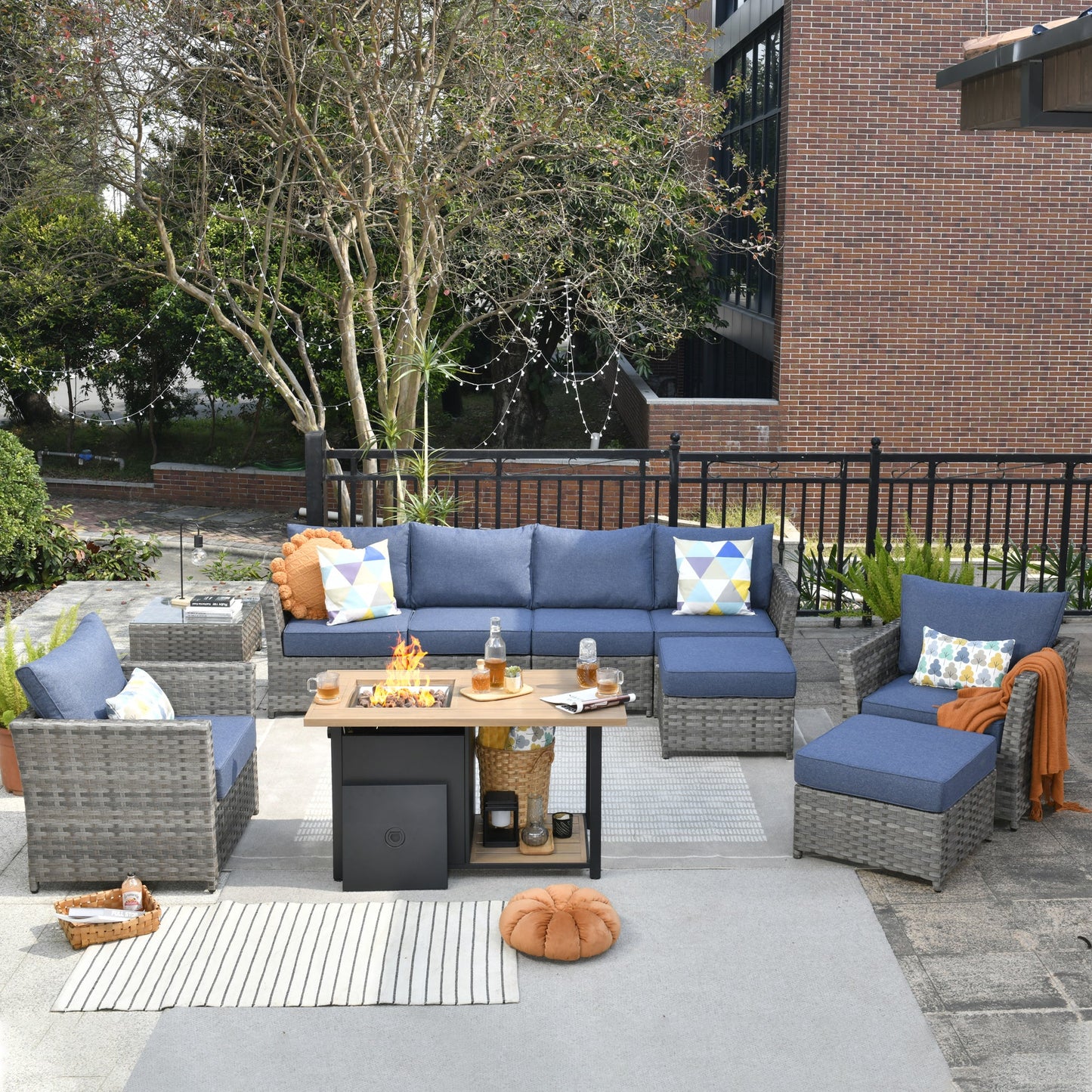 OVIOS Patio Furniture Set 10-Piece include 42"Rectangle Fire Pit Table, Partially Assembled,BRS Series